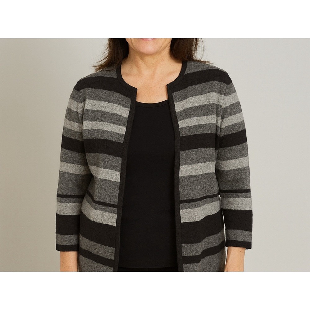 Talbots Woman's L Merino Wool Blend Striped Open Front Cardigan Black Gray White